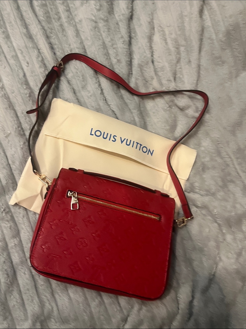 Louis Vuitton Red Embossed Monogram Shoulder Bag with Gold Hardware